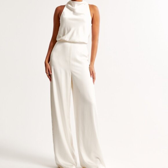 White High- Neck Draped Jumpsuit - Picture 1 of 2